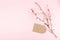Minimalistic card mockup with empty recycled Ã‘Âraft cardboard, blossom cherry flower branch on pink  background. Flat lay, top